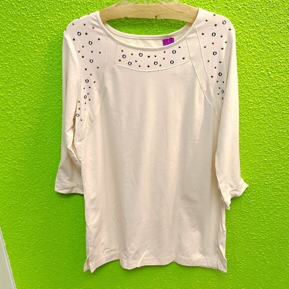 Cream 3/4 Sleeve Blouse with Embellished Neckline - Picture 1 of 3
